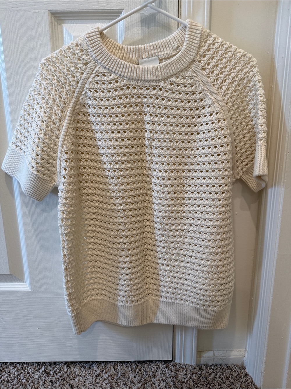 Varley Cream Openwork Short-Sleeve Knit Sweater